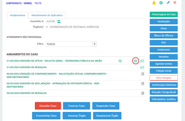 Note que o ícone do lembrete ficará verde, isso indica que existe um lembrete ativo para o andamento.