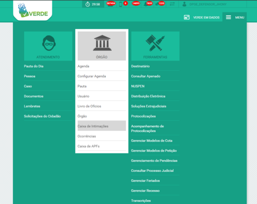 1. Vá em menu, clique em Caixa de Intimações;