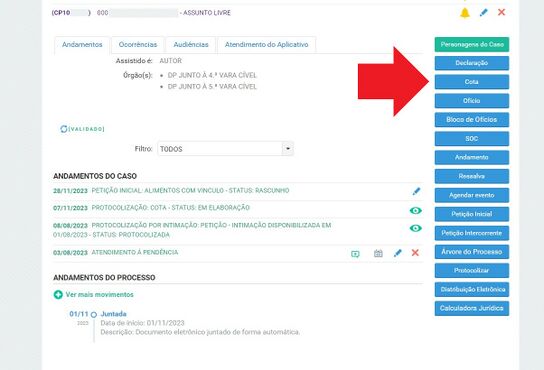 1. Dentro do caso, há um botão chamado Cota, onde é possível criar uma cota avulsa ou responder a intimações.