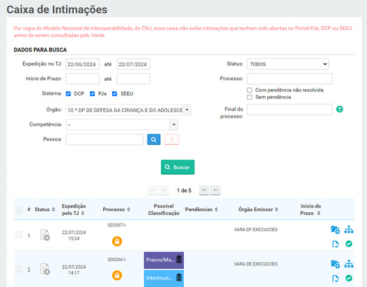 2. Você será redirecionado para a caixa de intimações.